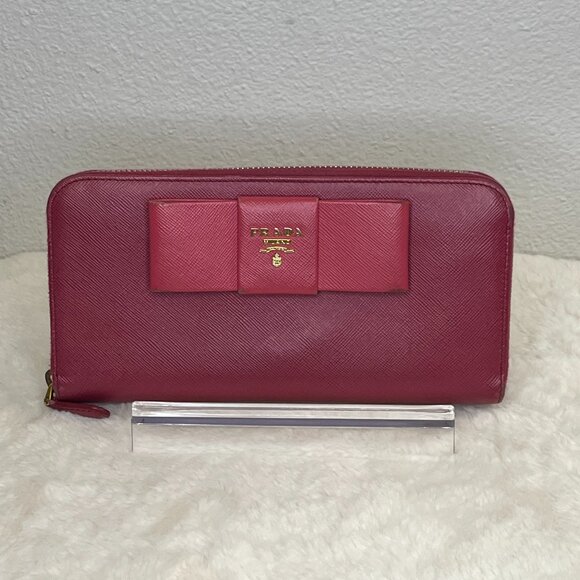 Pre-loved Prada Pink Bi-Color Saffiano Fiocco Bow Long Zippy Wallet - Picture 1 of 11